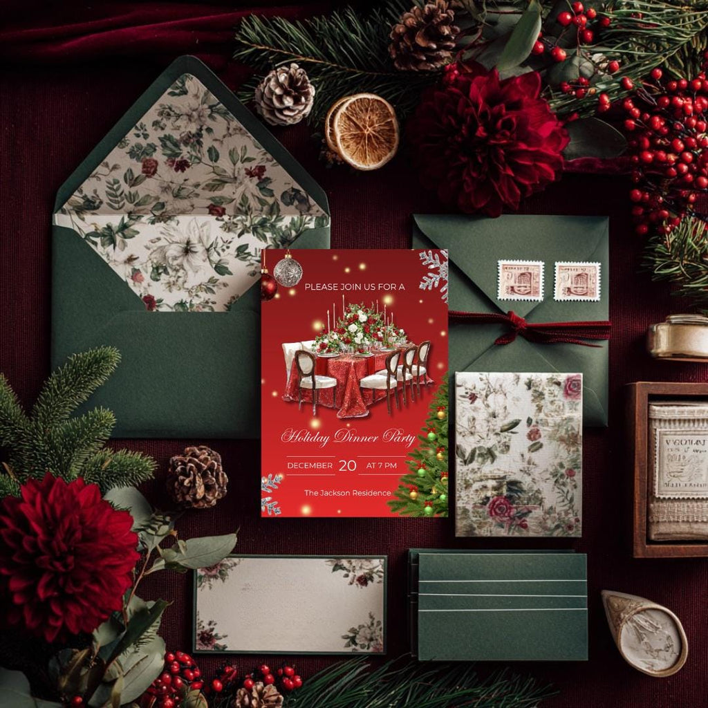 Holiday Dinner Party Invitation | Glam Christmas Dinner Invite | Elegant Red Christmas Party Template (Canva)