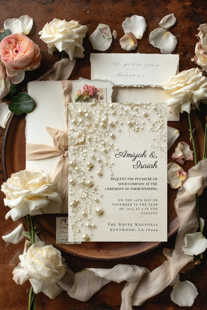 Pearl & Lace Wedding Invitation Template | Vintage Romantic Bridal Invite | Editable Canva Stationery