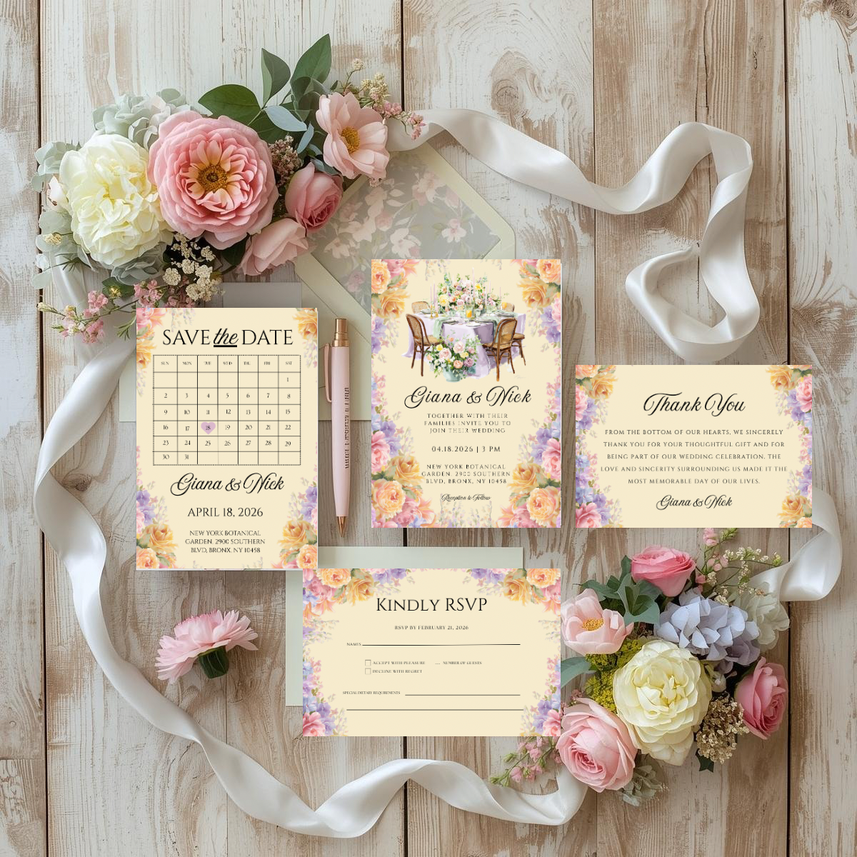Romantic Floral Wedding Invitation Suite Canva Template | Editable Save the Date, RSVP, Details, Thank You