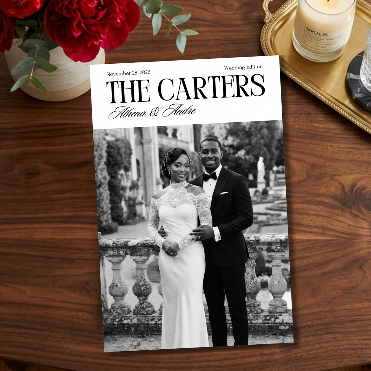 Wedding magazine program cover template with black-and-white couple photo and date