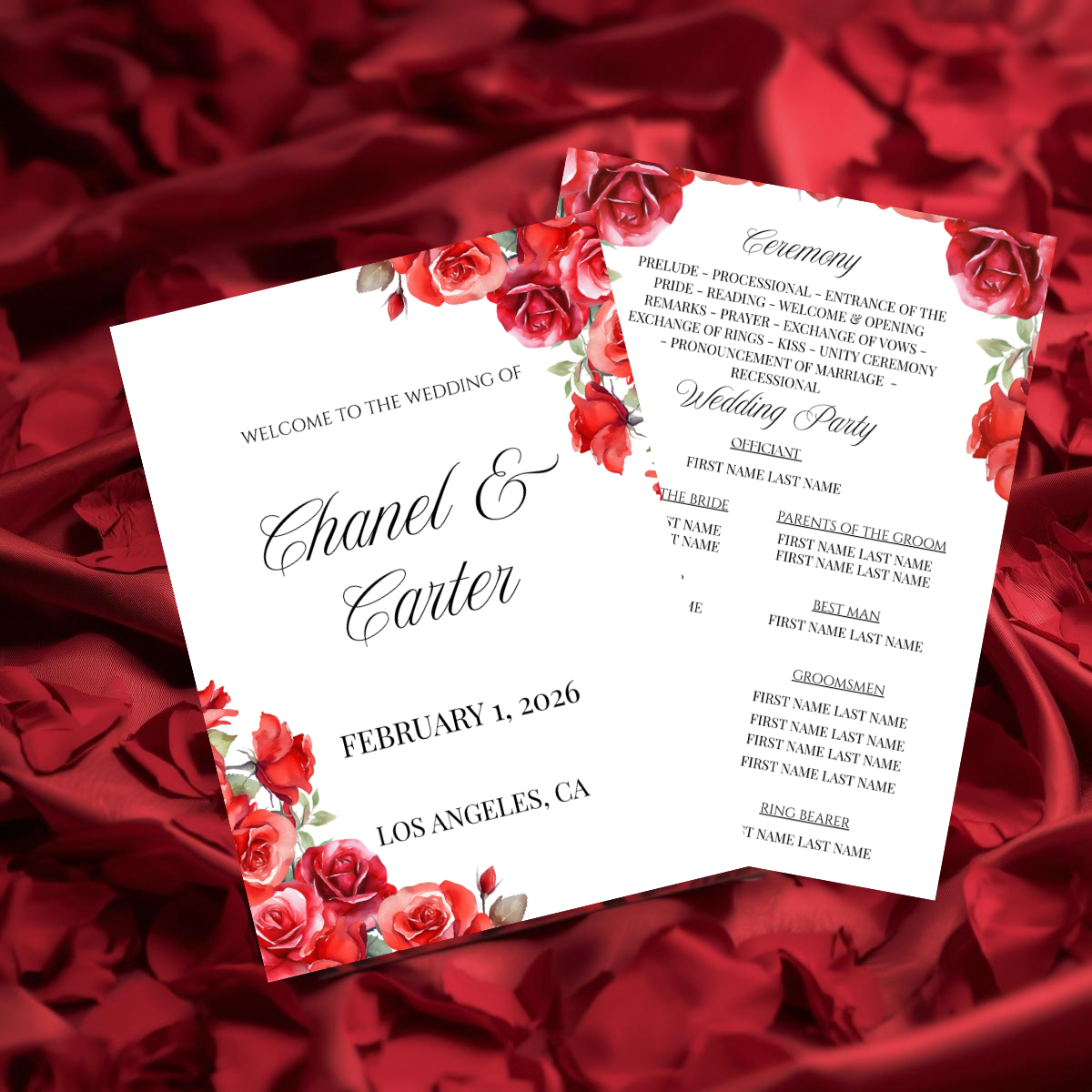 Red Rose Wedding Invitation Suite Template | Romantic Floral Wedding Suite | Editable Canva Wedding Invitations | Printable Invite Set