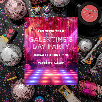 Galentine’s Day Party Invitation Template | Disco Pink Night Party | Editable Canva Template