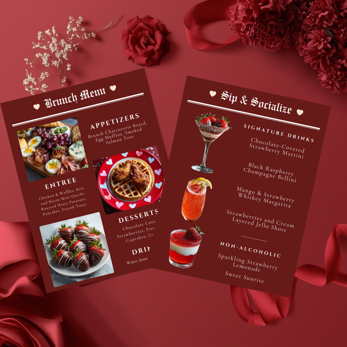 Galentine’s Brunch Event Suite Template | Luxury Editorial Newspaper Style Invitation, RSVP, Menu & Bar Menu | Canva