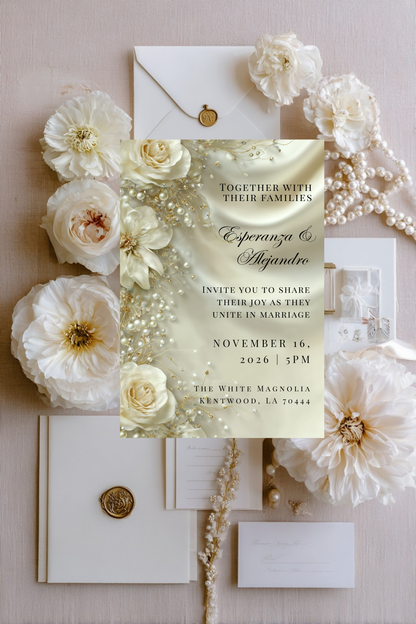 Luxury Satin & Pearl Wedding Invitation | Glamorous Bridal Invitation Template | Editable Canva Design
