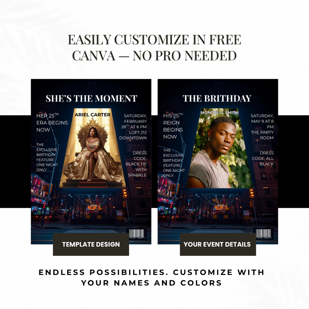 Luxury Editorial Event Invitation Template | Black Tie Birthday, Gala & Milestone Announcement | Canva Magazine-Style Design