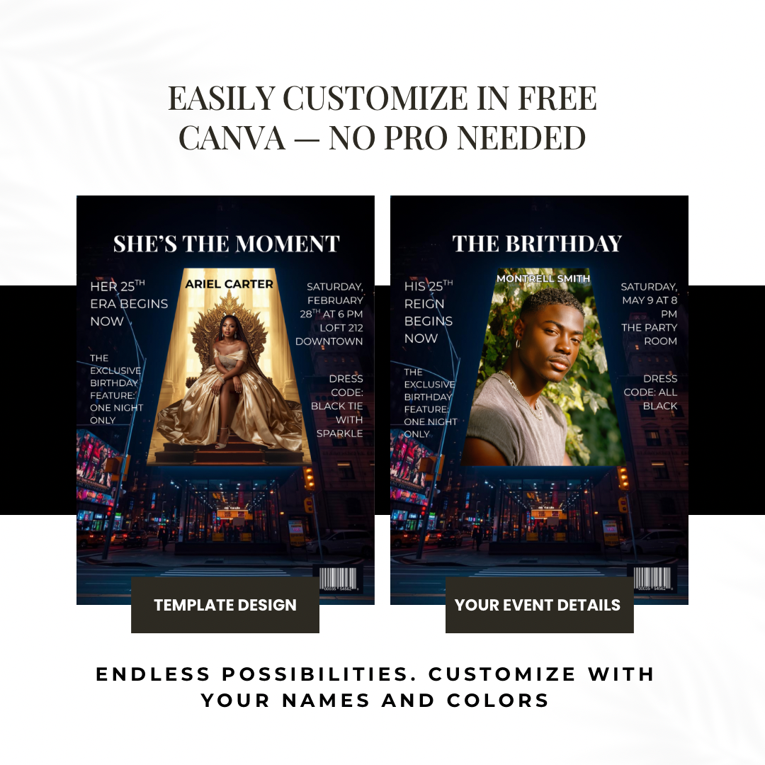 Luxury Editorial Event Invitation Template | Black Tie Birthday, Gala & Milestone Announcement | Canva Magazine-Style Design