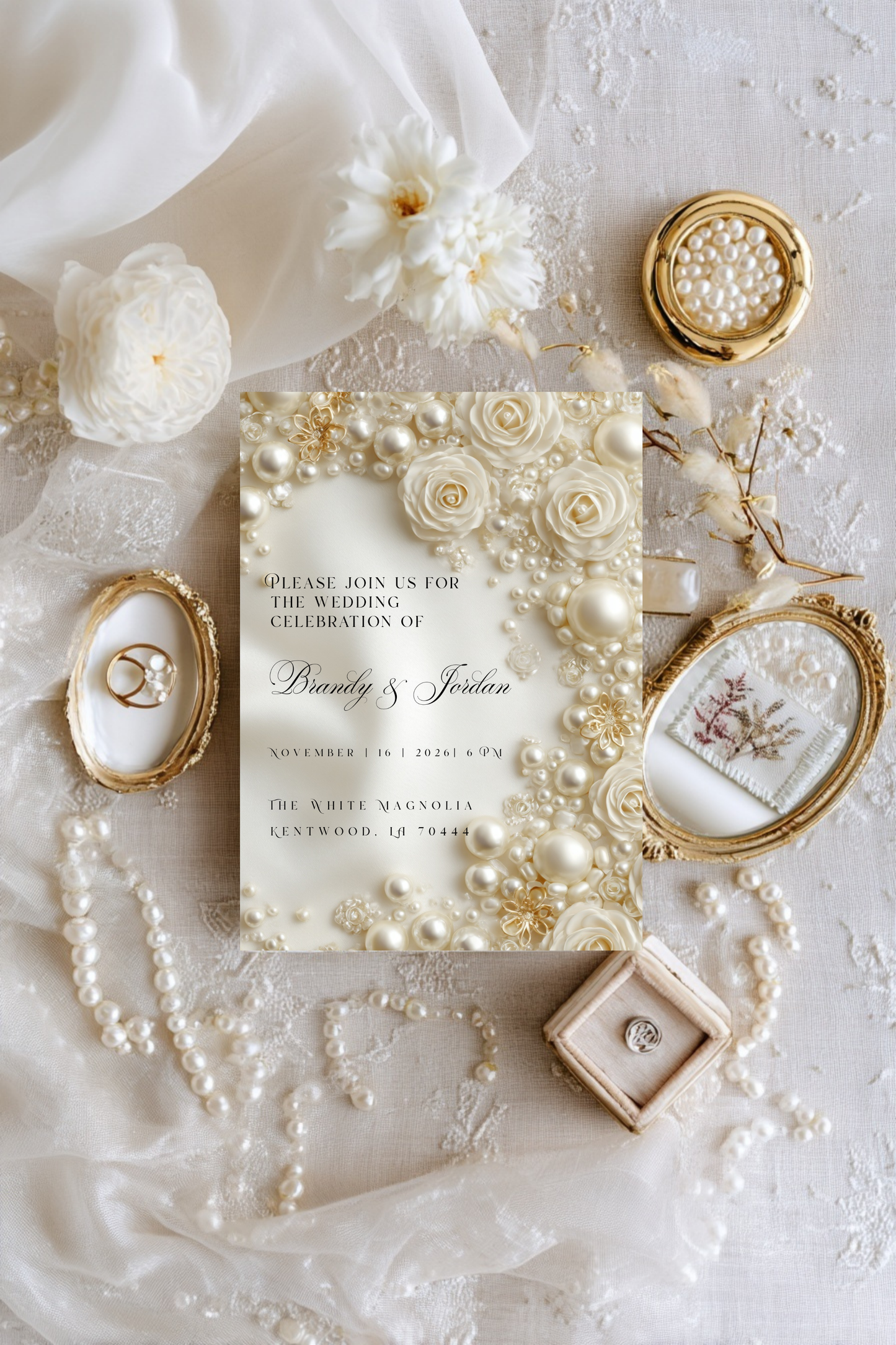 Floral Pearl Wedding Invitation Template | Luxury Glamorous Bridal Invite | Editable Canva Stationery