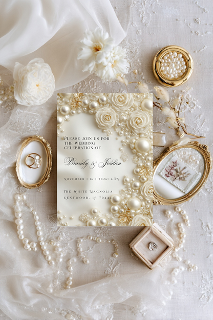 Floral Pearl Wedding Invitation Template | Luxury Glamorous Bridal Invite | Editable Canva Stationery