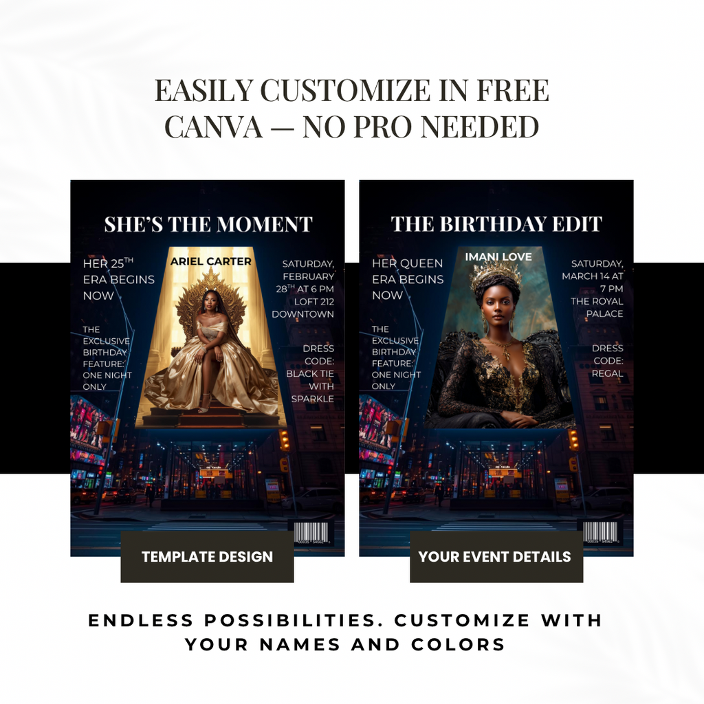 Luxury Editorial Event Invitation Template | Black Tie Birthday, Gala & Milestone Announcement | Canva Magazine-Style Design