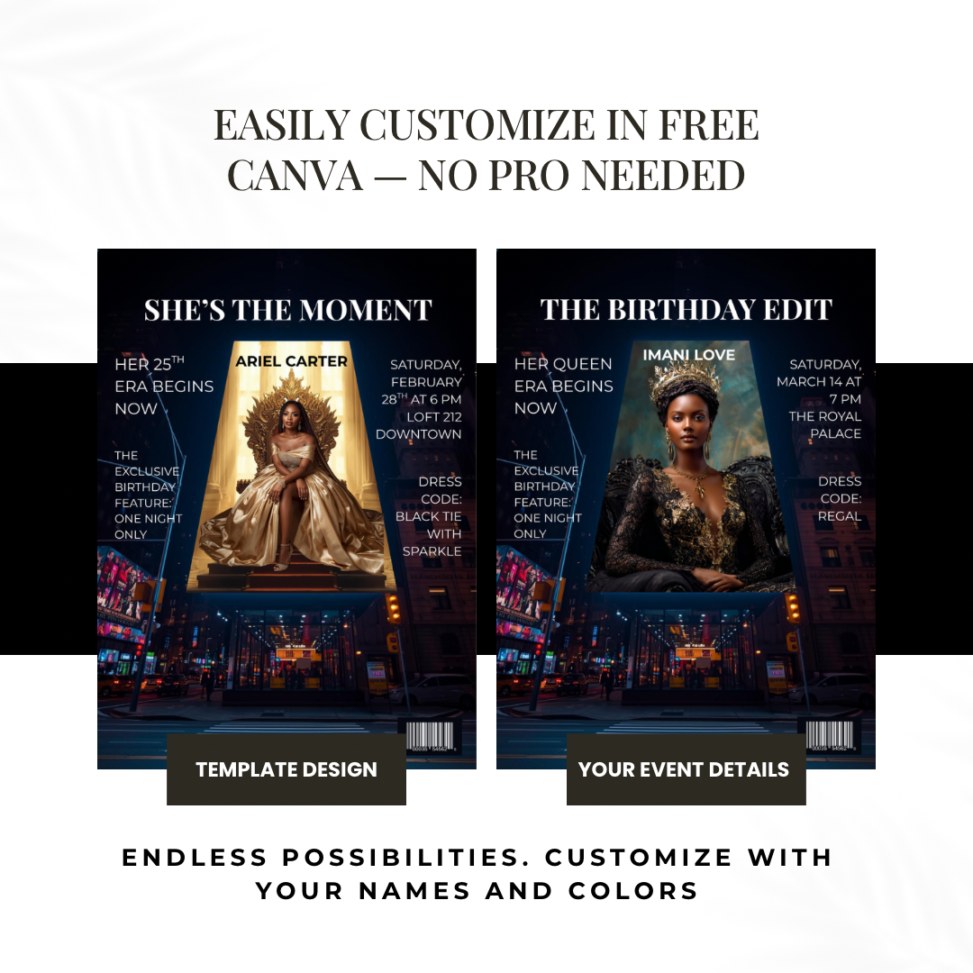 Luxury Editorial Event Invitation Template | Black Tie Birthday, Gala & Milestone Announcement | Canva Magazine-Style Design