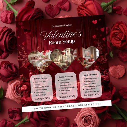 Valentine’s Room Setup Canva Template | Cupid’s Retreat Luxury Hotel Decor Flyer | Valentine’s Day Room Styling Promo | Editable Design