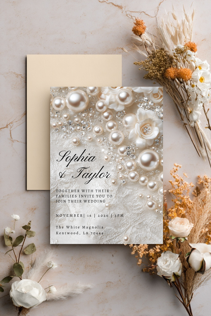Romantic Pearl Wedding Invitation | Whimsical Elegant Wedding Template | Canva Editable Invite
