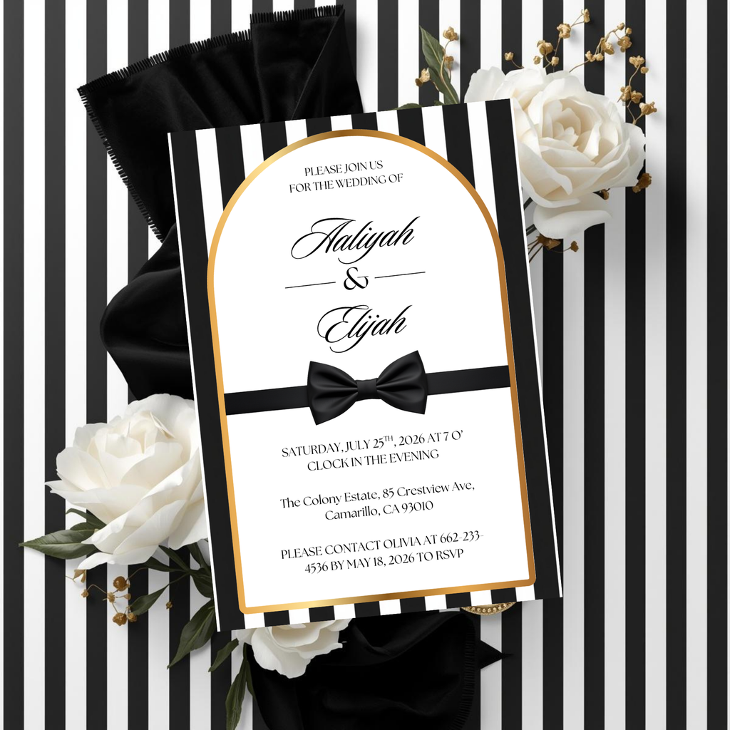 Black Tie Wedding Invitation | Editable Canva Template | Striped black and white