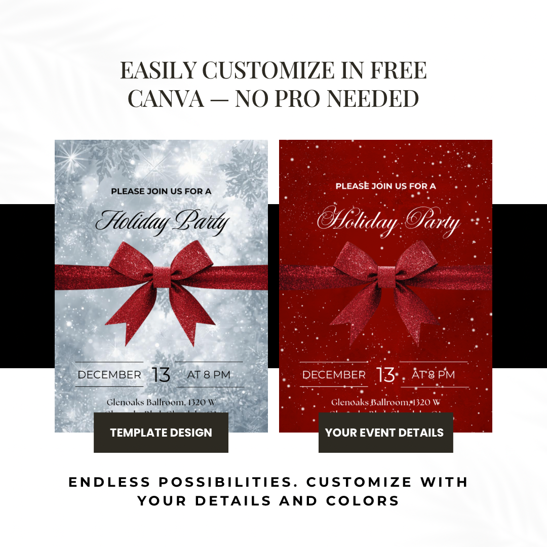 Classic Holiday Party Invitation | Red Bow & Snowflakes Canva Template