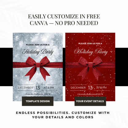 Classic Holiday Party Invitation | Red Bow & Snowflakes Canva Template