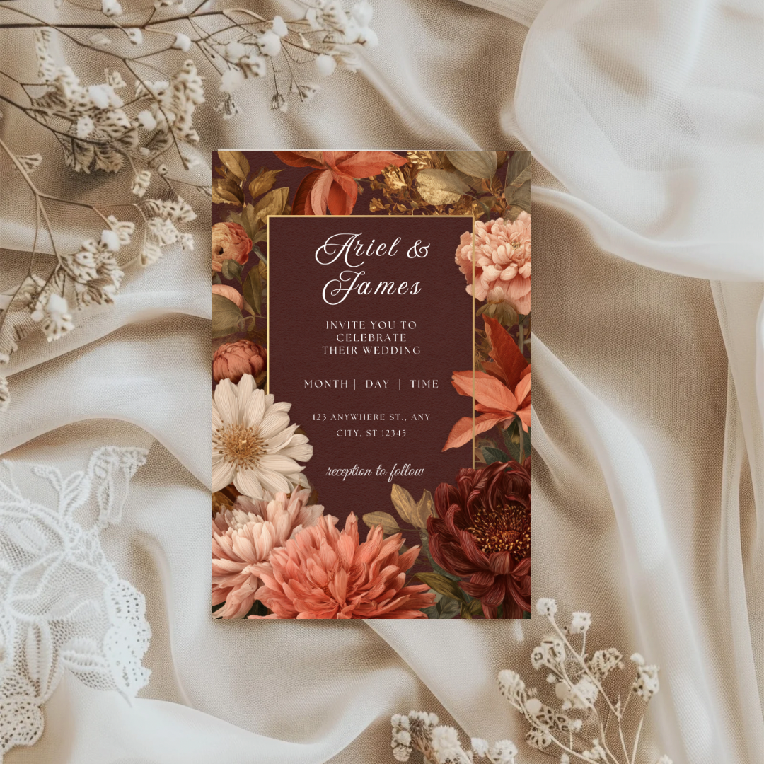 Burgundy & Peach Floral Wedding Invitation Template | Elegant Fall Printable | Canva Design