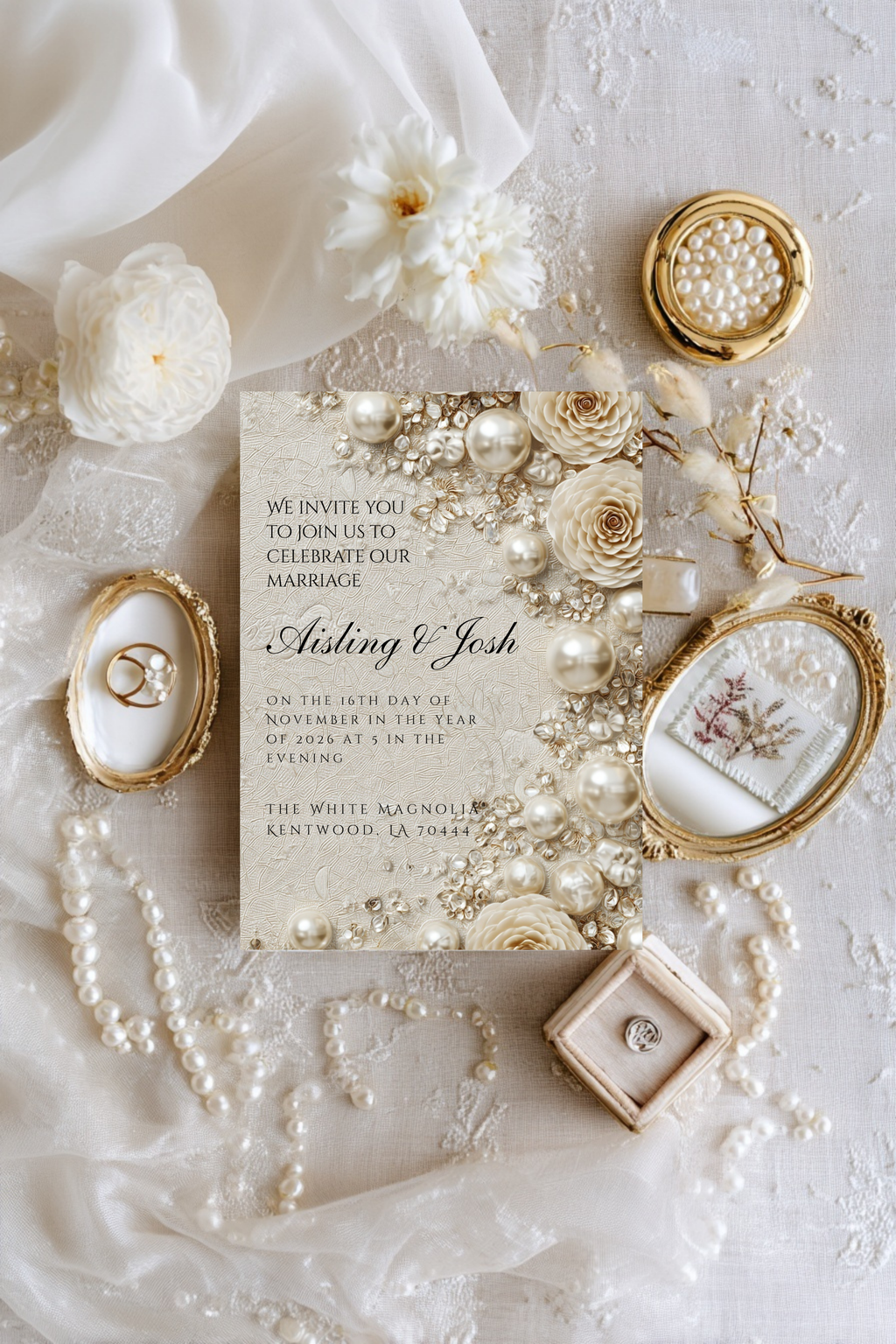 Pearl Wedding Invitation Template | Timeless Romantic Bridal Invitation | Editable Canva Design