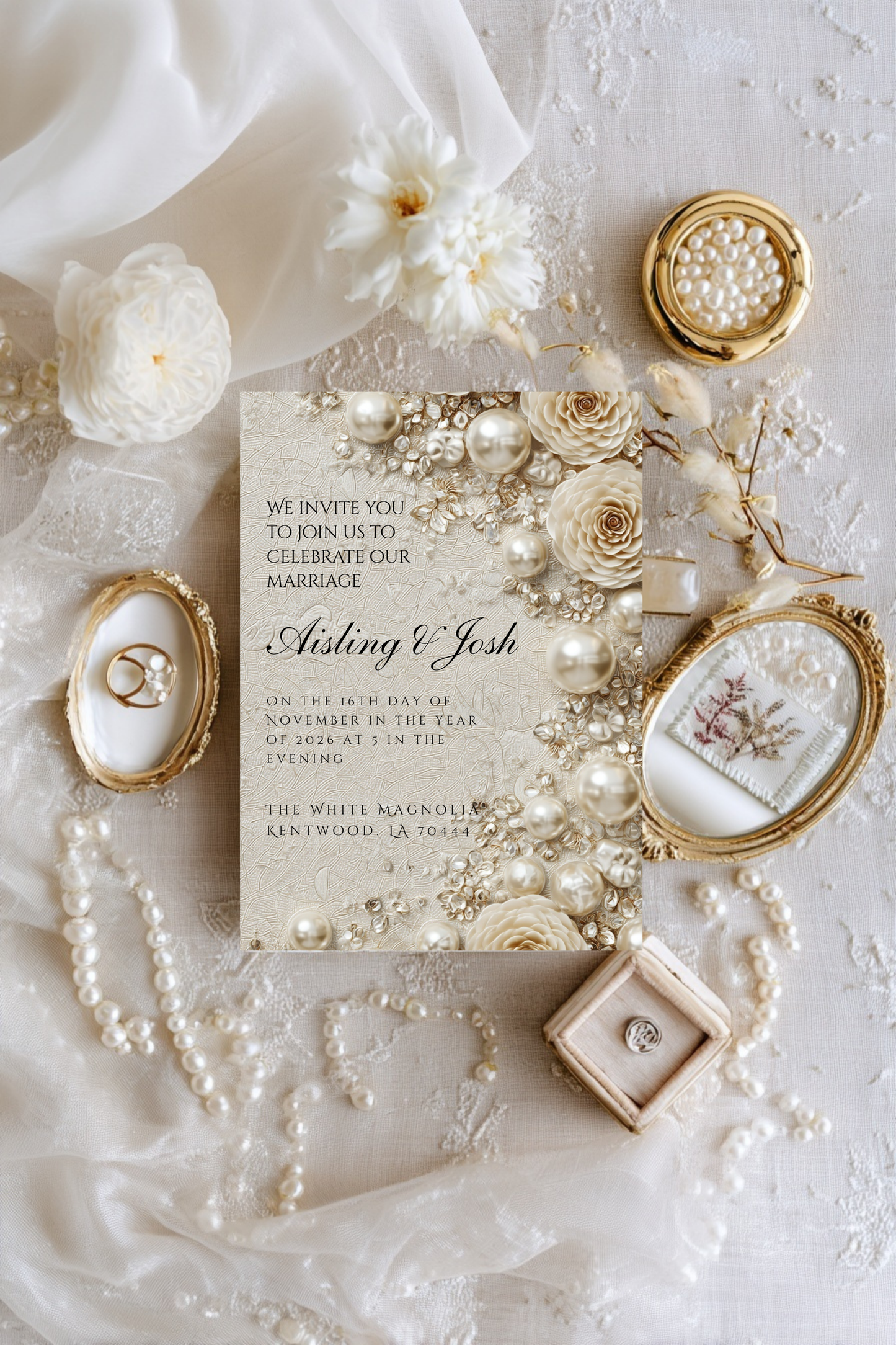 Gold Pearl Wedding Invitation Template | Timeless Romantic Bridal Invitation | Editable Canva Design