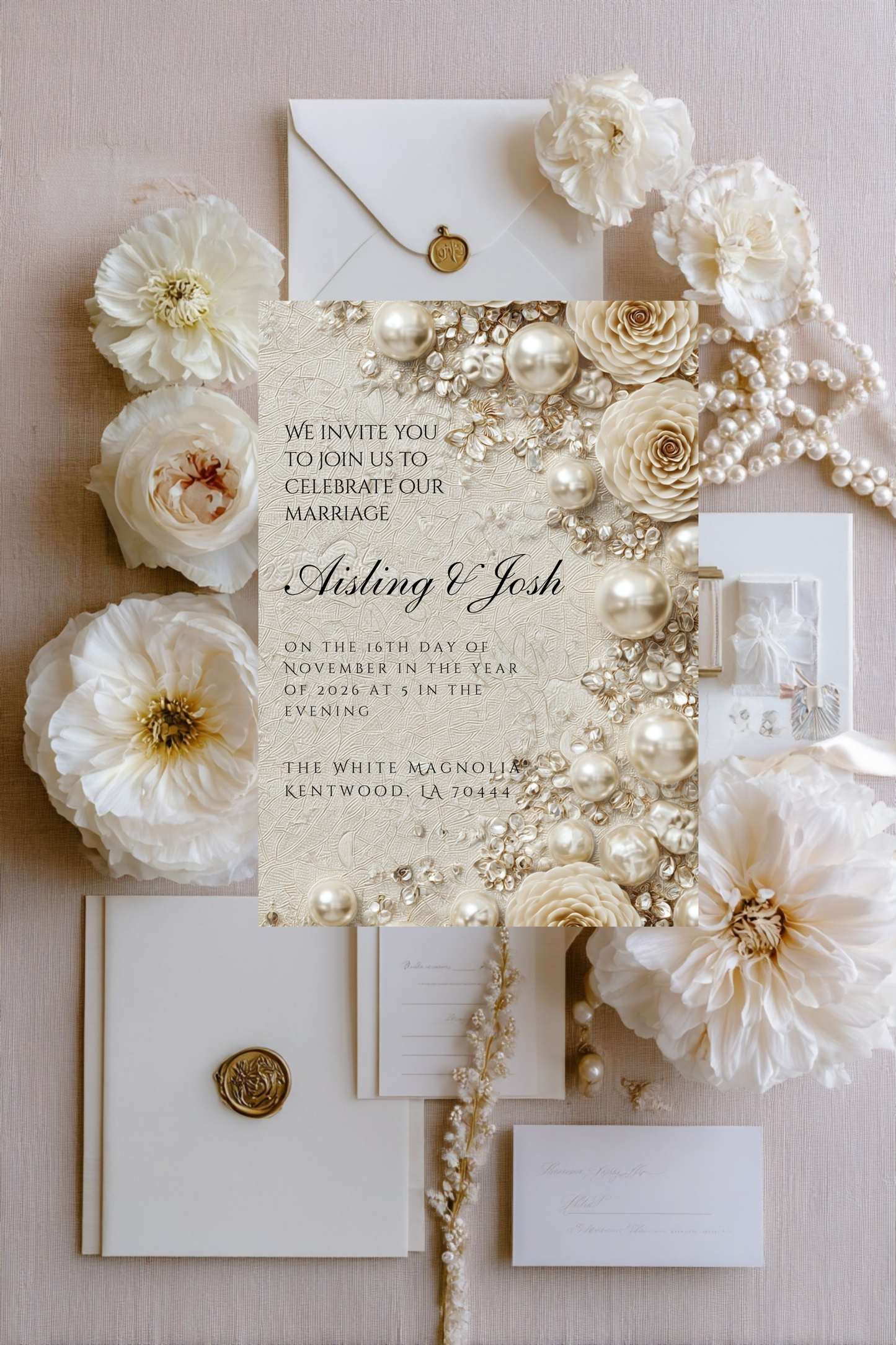Gold Pearl Wedding Invitation Template | Timeless Romantic Bridal Invitation | Editable Canva Design