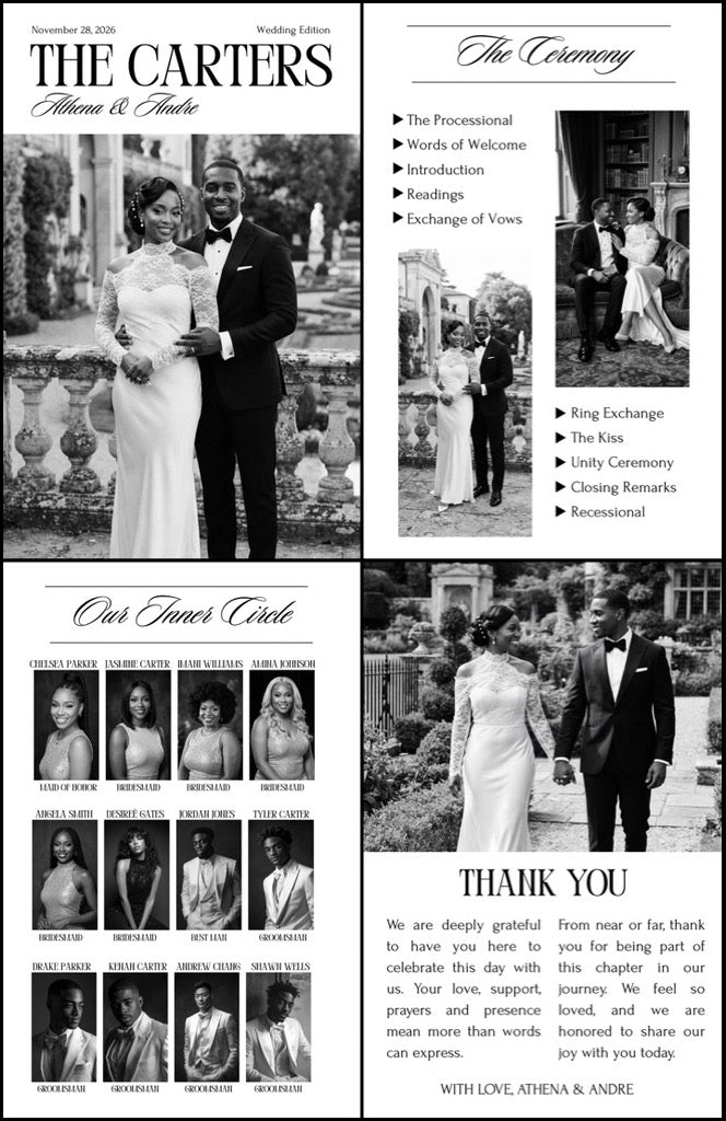 Wedding magazine wedding program template with ceremony agenda and ring exchange layout