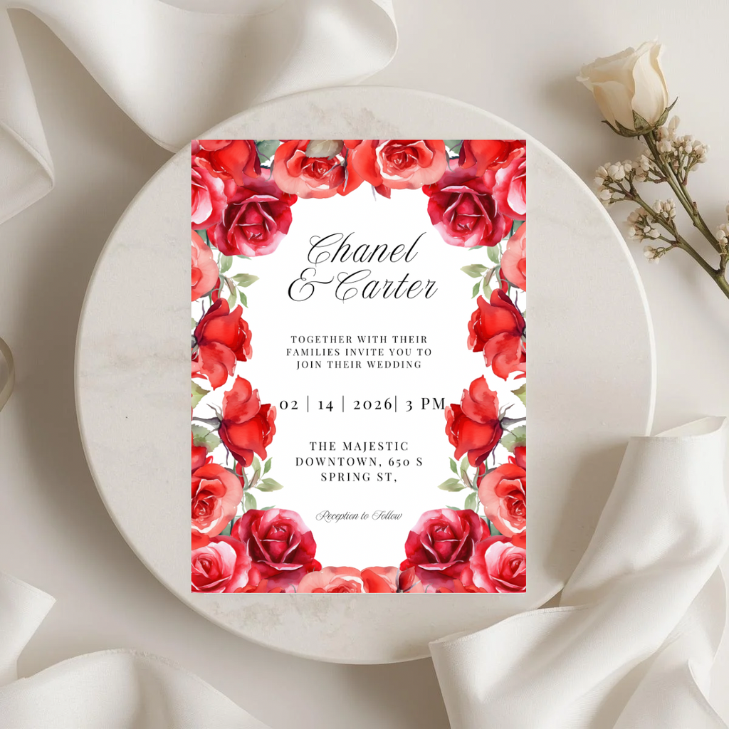 Red Rose Wedding Invitation Template | Romantic Floral Wedding Invitation | Editable Canva Wedding Invitations | Printable Invite Set