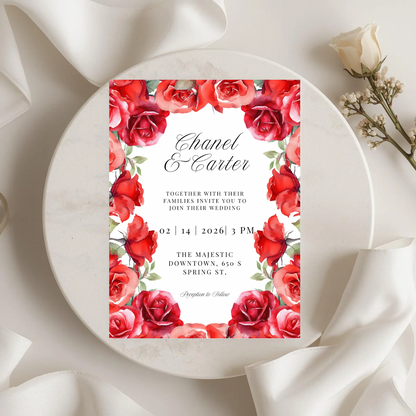 Red Rose Wedding Invitation Template | Romantic Floral Wedding Invitation | Editable Canva Wedding Invitations | Printable Invite Set
