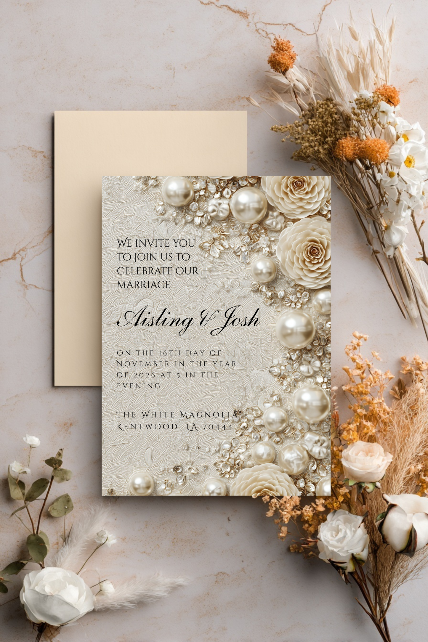 Gold Pearl Wedding Invitation Template | Timeless Romantic Bridal Invitation | Editable Canva Design