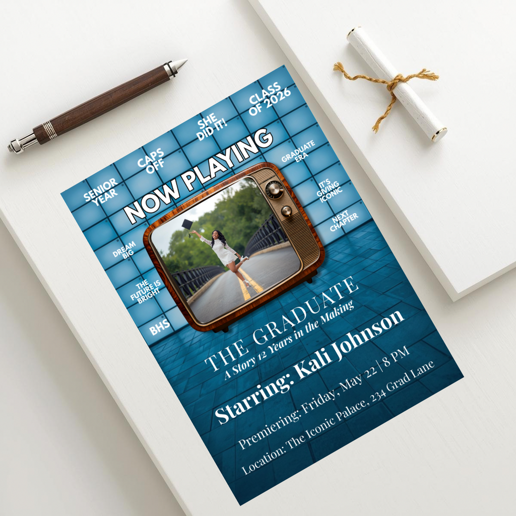 Now Playing Graduation Invitation | Movie Style Senior Announcement | Cinematic Class of 2026 Flyer | Editable Grad Party Template