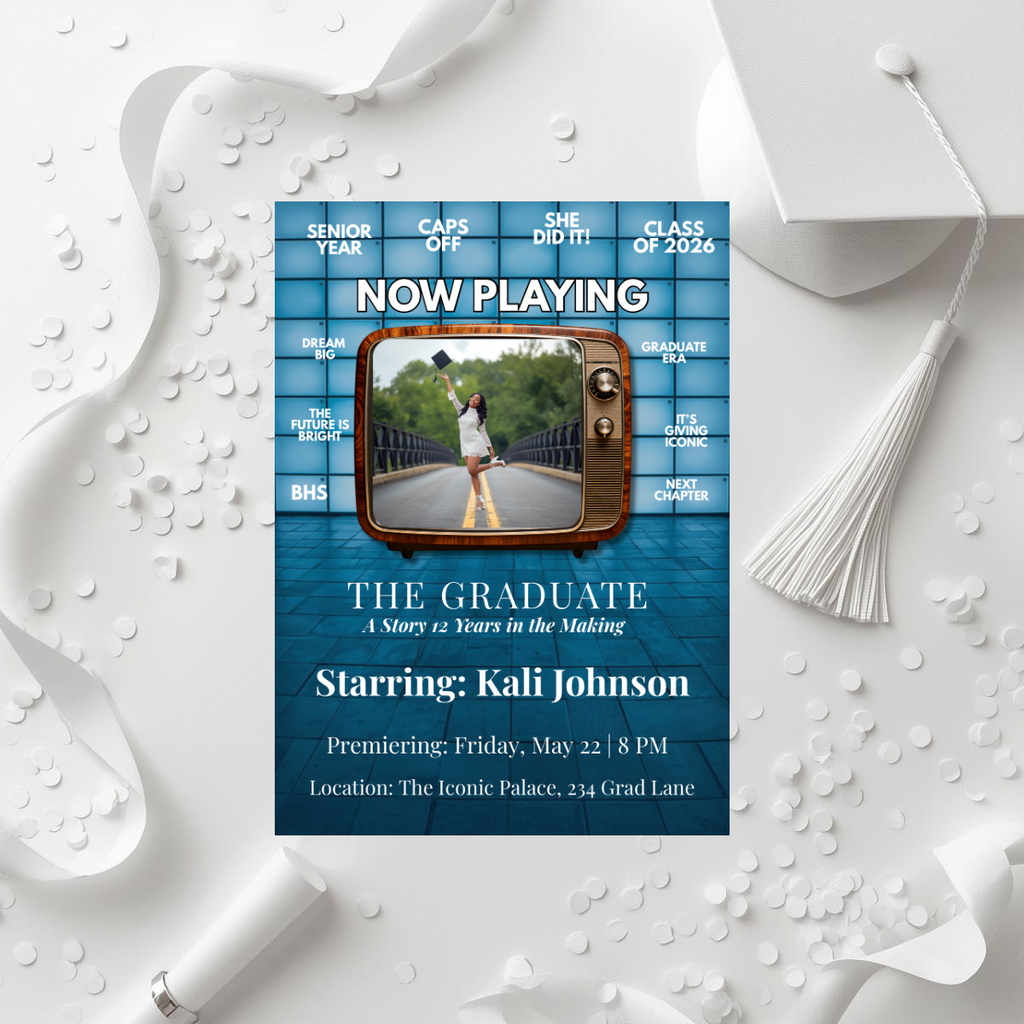 Now Playing Graduation Invitation | Movie Style Senior Announcement | Cinematic Class of 2026 Flyer | Editable Grad Party Template