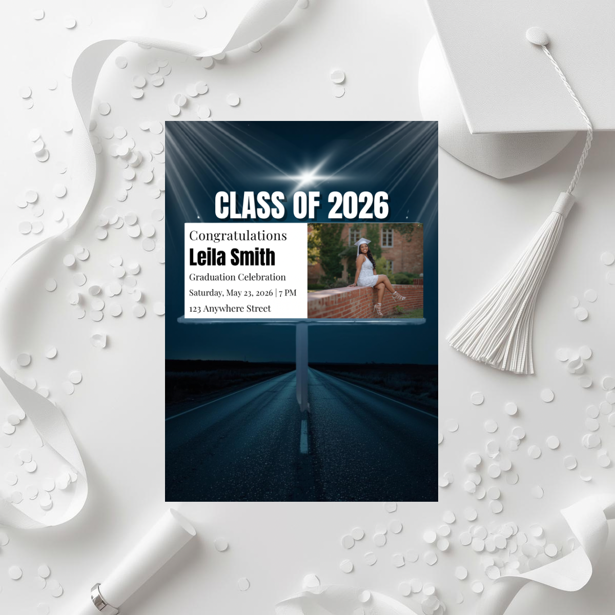 Billboard Graduation Invitation Template | Modern Class of 2026 Flyer | Minimalist Senior Announcement | Clean Editable Grad Invite