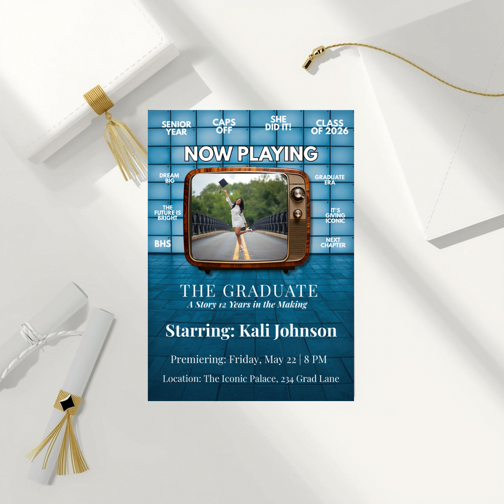 Now Playing Graduation Invitation | Movie Style Senior Announcement | Cinematic Class of 2026 Flyer | Editable Grad Party Template