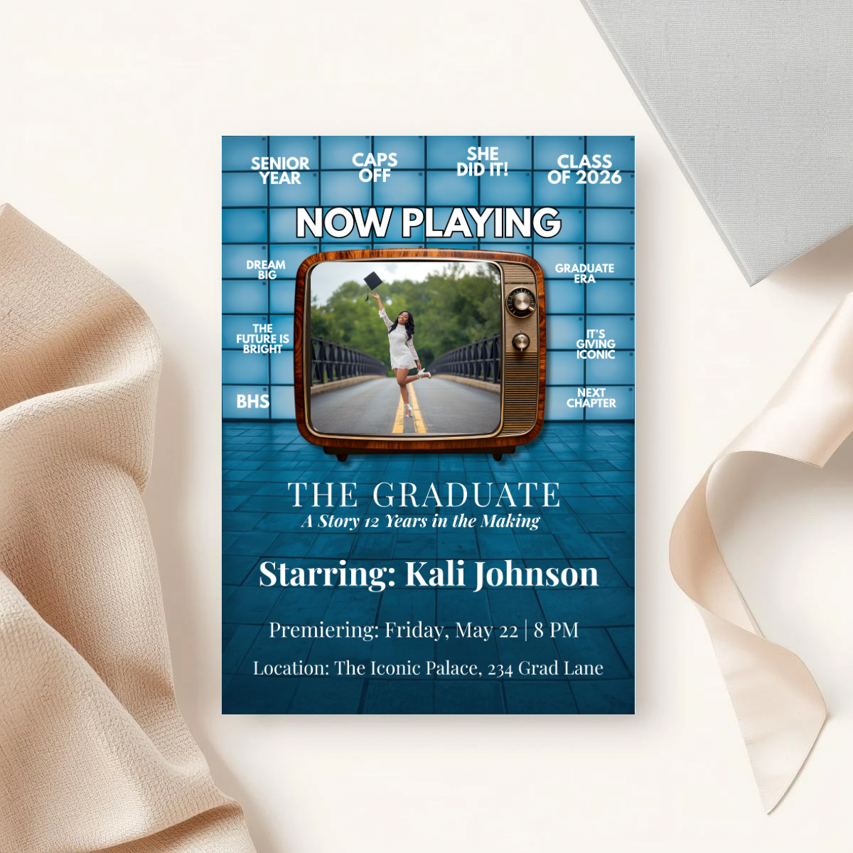 Now Playing Graduation Invitation | Movie Style Senior Announcement | Cinematic Class of 2026 Flyer | Editable Grad Party Template