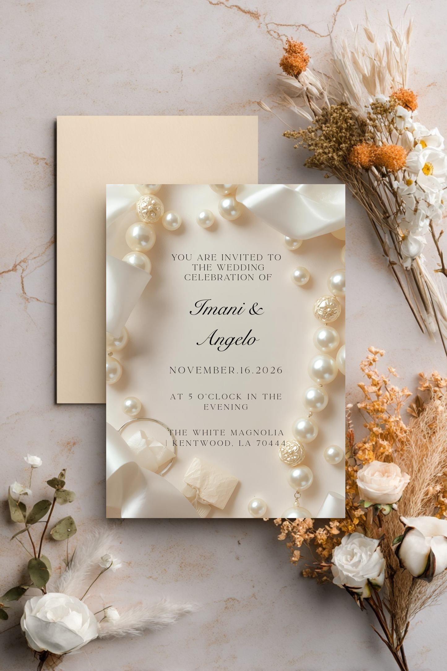 Modern Pearl Satin Wedding Invitation | Chic Elegant Bridal Template | Editable Canva Wedding Suite