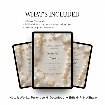 Modern Pearl Satin Wedding Invitation | Chic Elegant Bridal Template | Editable Canva Wedding Suite