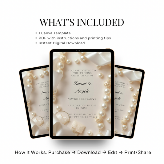 Modern Pearl Satin Wedding Invitation | Chic Elegant Bridal Template | Editable Canva Wedding Suite