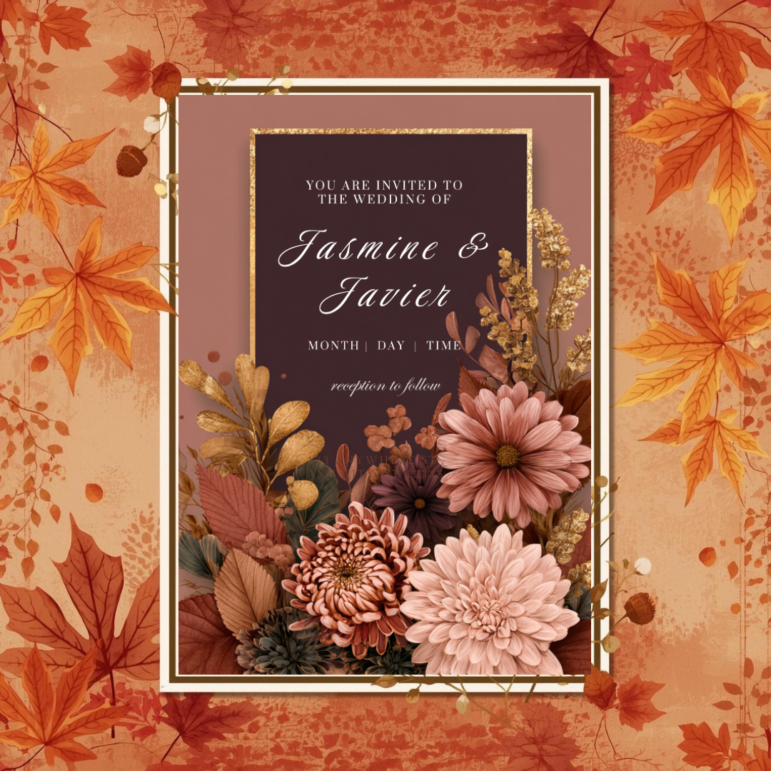 Burgundy Floral Wedding Invitation Template | Fall Printable Canva Design | Maroon Gold Invite