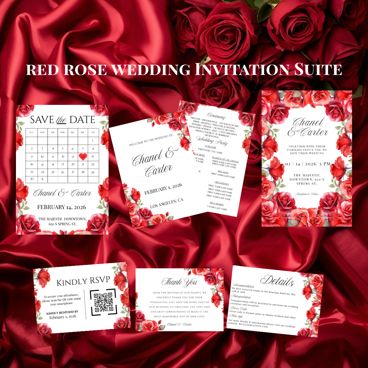 Red Rose Wedding Invitation Suite Template | Romantic Floral Wedding Suite | Editable Canva Wedding Invitations | Printable Invite Set