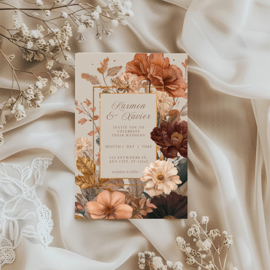 Autumn Floral Wedding Invitation Template | Rust & Cream Printable | Elegant Canva Design