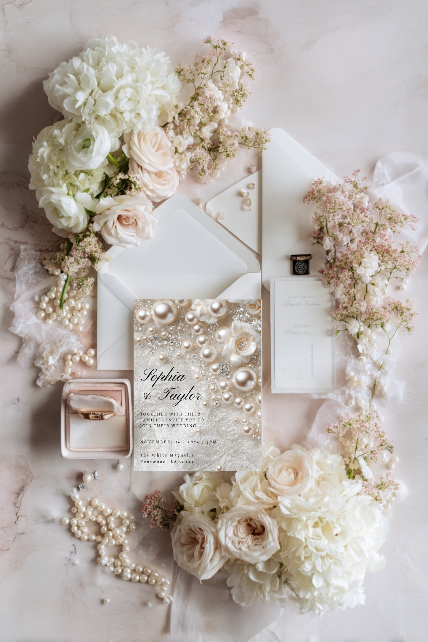 Romantic Pearl Wedding Invitation | Whimsical Elegant Wedding Template | Canva Editable Invite