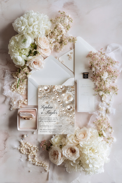 Romantic Pearl Wedding Invitation | Whimsical Elegant Wedding Template | Canva Editable Invite
