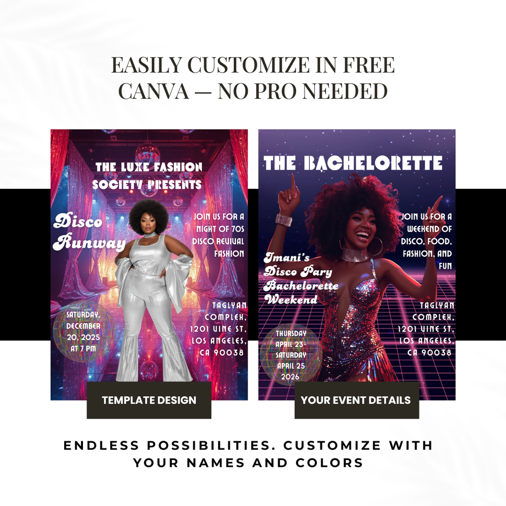 Disco Runway Flyer Canva Template | 70s Fashion Show Invitation | Retro Disco Party Flyer | Editable Event Flyer for Runway & Boutique Shows