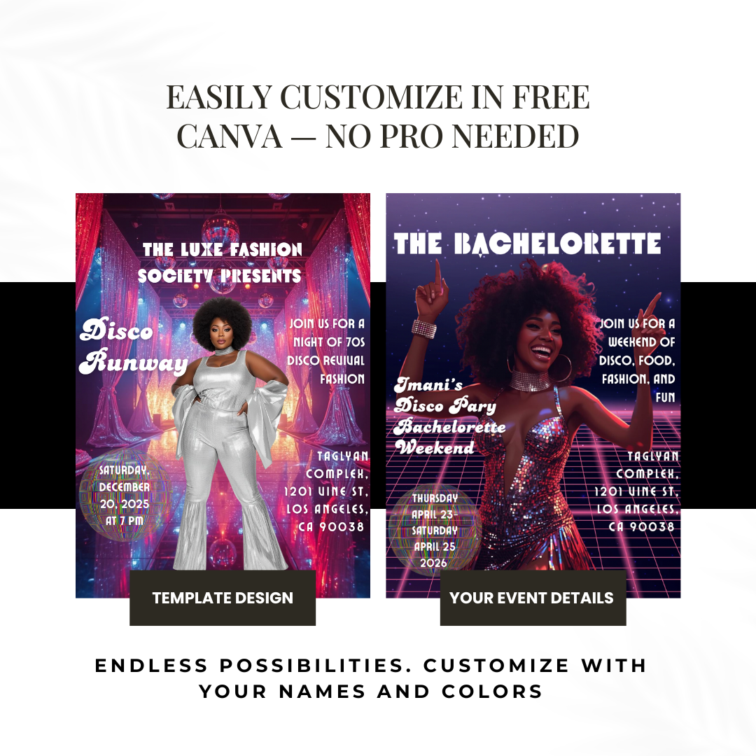 Disco Runway Flyer Canva Template | 70s Fashion Show Invitation | Retro Disco Party Flyer | Editable Event Flyer for Runway & Boutique Shows