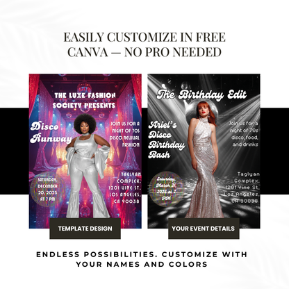 Disco Runway Flyer Canva Template | 70s Fashion Show Invitation | Retro Disco Party Flyer | Editable Event Flyer for Runway & Boutique Shows
