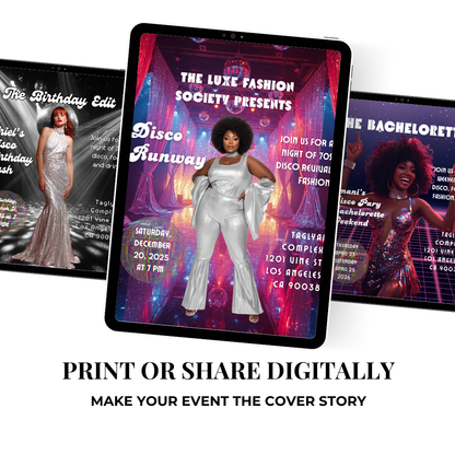 Disco Runway Flyer Canva Template | 70s Fashion Show Invitation | Retro Disco Party Flyer | Editable Event Flyer for Runway & Boutique Shows