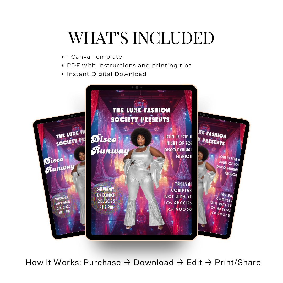 Disco Runway Flyer Canva Template | 70s Fashion Show Invitation | Retro Disco Party Flyer | Editable Event Flyer for Runway & Boutique Shows