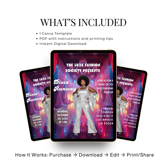 Disco Runway Flyer Canva Template | 70s Fashion Show Invitation | Retro Disco Party Flyer | Editable Event Flyer for Runway & Boutique Shows