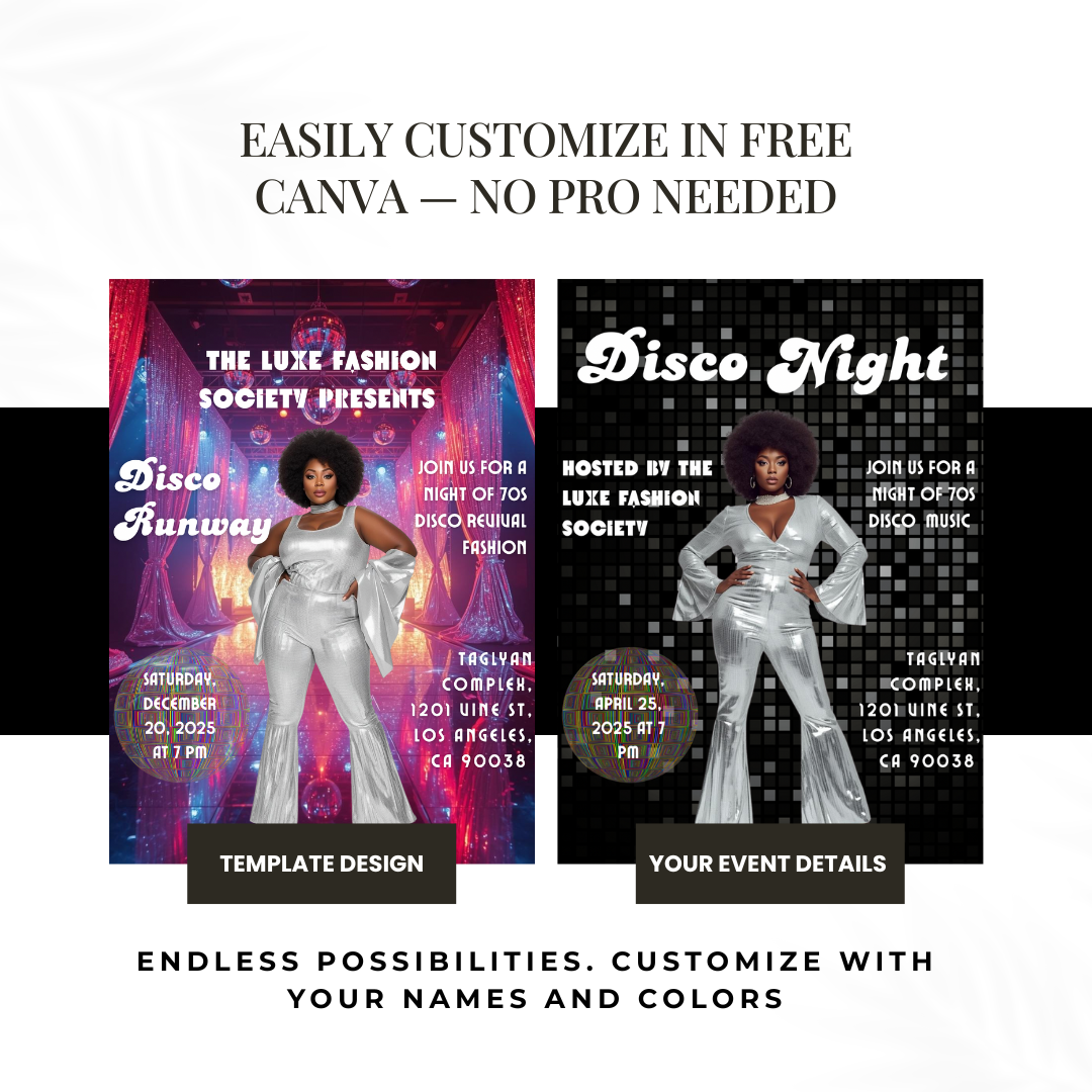 Disco Runway Flyer Canva Template | 70s Fashion Show Invitation | Retro Disco Party Flyer | Editable Event Flyer for Runway & Boutique Shows