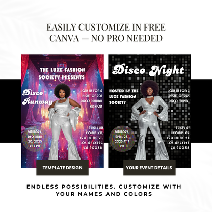 Disco Runway Flyer Canva Template | 70s Fashion Show Invitation | Retro Disco Party Flyer | Editable Event Flyer for Runway & Boutique Shows