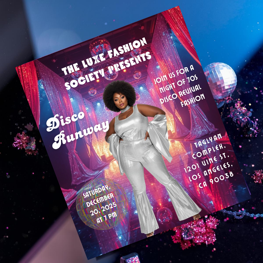 Disco Runway Flyer Canva Template | 70s Fashion Show Invitation | Retro Disco Party Flyer | Editable Event Flyer for Runway & Boutique Shows