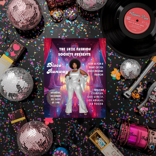 Disco Runway Flyer Canva Template | 70s Fashion Show Invitation | Retro Disco Party Flyer | Editable Event Flyer for Runway & Boutique Shows